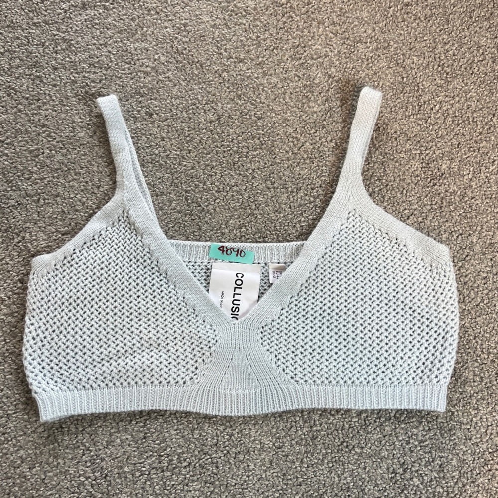COLLUSION Knit Bralette Top‎ Womens US 12 Light Blue Cropped Open Knit V-Neck